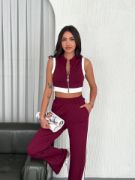 Osy Modal Yumuşak Dokulu Kumaş Tam Fermuarlı Crop Pantalon İkili Takım - Bordo resmi